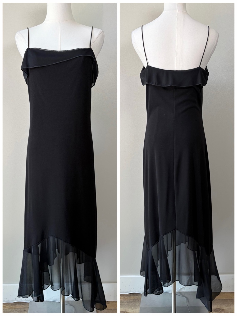 Vintage IZ Byer Black Chiffon Overlay Asymmetrical Slip Dress 90s-Early 2000s